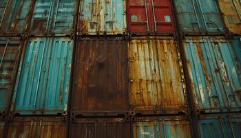 AI generated Cargo multicolored old containers with corrosion in cloudy weather photo