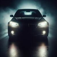 AI generated black car with headlights on in the dark with fog around photo