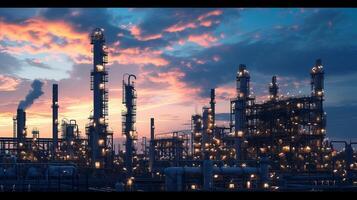 AI generated industrial landscape with heavy pollution produced by a large chemical plant in the dusk photo