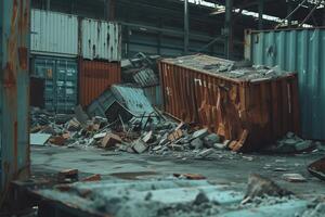 AI generated Cargo multicolored old containers with corrosion in cloudy weather photo