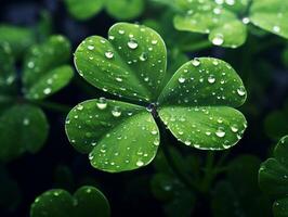 AI generated St Patrick's day symbol clover shamrock close-up covered with dew drops photo