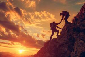 AI generated male tourist helping another climb the mountain photo