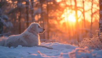 ai generado perro acostado en nieve en invierno bosque foto