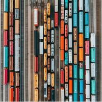 AI generated aerial view of the railway and train cars photo