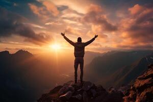 AI generated Silhouette of a man standing on top of a mountain with his hands up at sunset photo