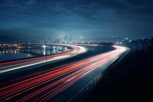 AI generated highway outside the city in the evening with blurry tracks from headlights photo