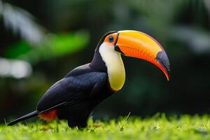 AI generated a colorful toucan stands on a grass photo