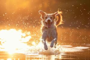 ai generado un perro con un abierto boca saltos en el agua, levantamiento salpicaduras en el del sol rayos foto