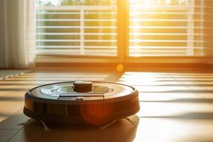 AI generated robot vacuum cleaner on the floor in a room illuminated by sunlight from the window photo