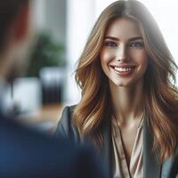 AI generated Smiling businesswoman sitting at a table in the office and talking to anonymous visitor photo