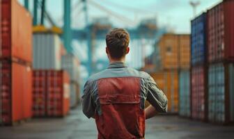 AI generated worker stands in the port against the background of multicolored cargo containers photo