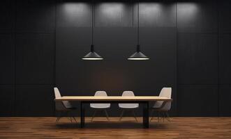 AI generated modern interior design office hall with conference table, wooden floor and dark wall background photo