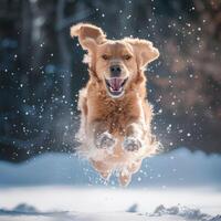 ai generado un perro con un grande abierto boca carreras felizmente saltando en el nieve foto