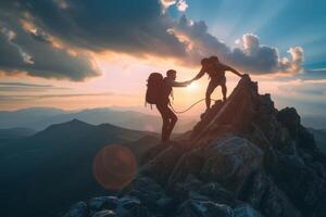 AI generated male tourist helping another climb the mountain photo