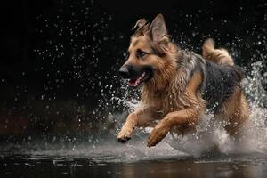 ai generado un perro con un abierto boca saltos en el agua, levantamiento salpicaduras en el del sol rayos foto