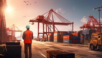 AI generated worker in a hard hat stands in the port against the background of multi-colored cargo containers photo