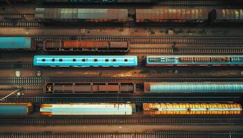 AI generated top view of horizontal rows of rails, on one of which there are train cars photo