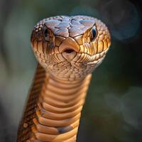 ai generado retrato de un en pie sonajas cobra mirando directamente a el cámara foto