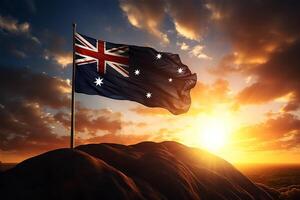 ai generado australiano nacional bandera en pico con puesta de sol cielo foto