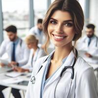 AI generated Beautiful Smiling Female Doctor Smiling For a Photoshoot in Hospital photo