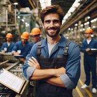 AI generated Happy Smiling Male Factory Worker posing inside an factory for a Photoshoot photo
