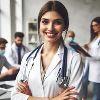 AI generated Beautiful Smiling Female Doctor Smiling For a Photoshoot in Hospital photo