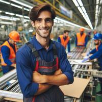 ai generado contento sonriente masculino fábrica trabajador posando dentro un fábrica para un Sesión de fotos