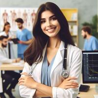 AI generated Beautiful Smiling Female Doctor Smiling For a Photoshoot in Hospital photo