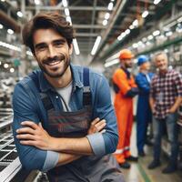 ai generado contento sonriente masculino fábrica trabajador posando dentro un fábrica para un Sesión de fotos