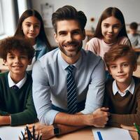 ai generado hermoso masculino profesor profesor con estudiantes posando para Sesión de fotos