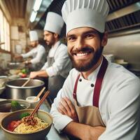 AI generated Male Chef and Female Chef working inside an Restaurant Smiling posing for Photoshoot photo