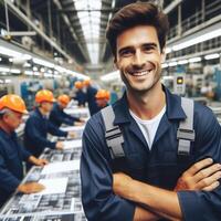 ai generado contento sonriente masculino fábrica trabajador posando dentro un fábrica para un Sesión de fotos