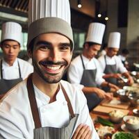 ai generado masculino cocinero y hembra cocinero trabajando dentro un restaurante sonriente posando para Sesión de fotos