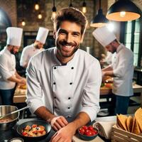 AI generated Male Chef and Female Chef working inside an Restaurant Smiling posing for Photoshoot photo