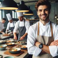 AI generated Male Chef and Female Chef working inside an Restaurant Smiling posing for Photoshoot photo