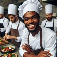 AI generated Male Chef and Female Chef working inside an Restaurant Smiling posing for Photoshoot photo