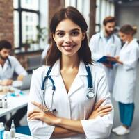 AI generated Beautiful Smiling Female Doctor Smiling For a Photoshoot in Hospital photo