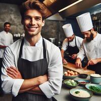 AI generated Male Chef and Female Chef working inside an Restaurant Smiling posing for Photoshoot photo