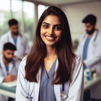 ai generado hermosa sonriente hembra médico sonriente para un Sesión de fotos en hospital