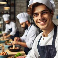 ai generado masculino cocinero y hembra cocinero trabajando dentro un restaurante sonriente posando para Sesión de fotos