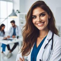 AI generated Beautiful Smiling Female Doctor Smiling For a Photoshoot in Hospital photo