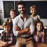 ai generado hermoso masculino profesor profesor con estudiantes posando para Sesión de fotos