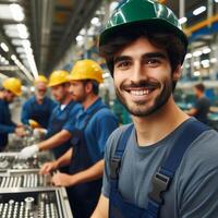 ai generado contento sonriente masculino fábrica trabajador posando dentro un fábrica para un Sesión de fotos