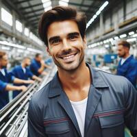 AI generated Happy Smiling Male Factory Worker posing inside an factory for a Photoshoot photo