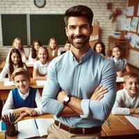 ai generado hermoso masculino profesor profesor con estudiantes posando para Sesión de fotos