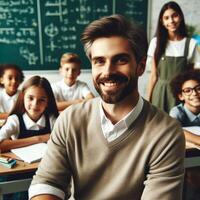 ai generado hermoso masculino profesor profesor con estudiantes posando para Sesión de fotos