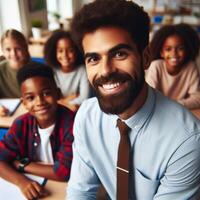 ai generado hermoso masculino profesor profesor con estudiantes posando para Sesión de fotos