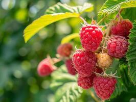 AI generated Red sweet berries growing on raspberry bush in sunny fruit garden photo