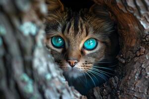 AI generated close-up of a cat's green eyes peeking out of a crack photo