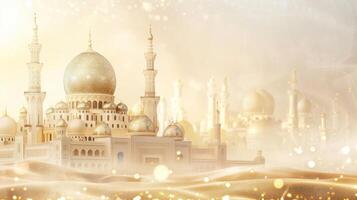 AI generated A beautiful light holiday background with a beautiful mosque on the left and plenty of space for text photo